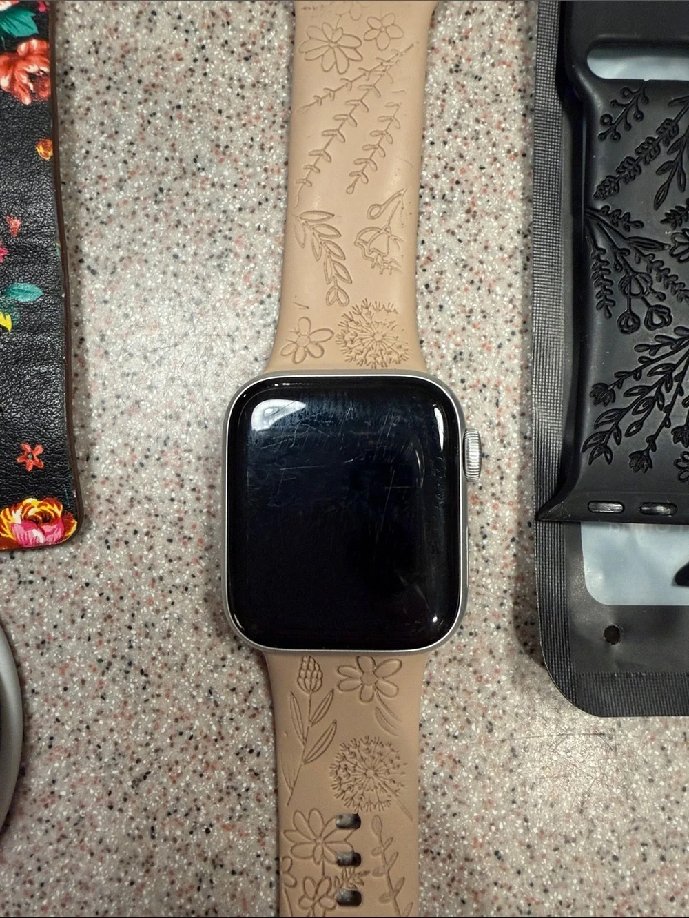 Apple Watch 40 mm with Tan Floral Silicone Band and Multiple Strap Options